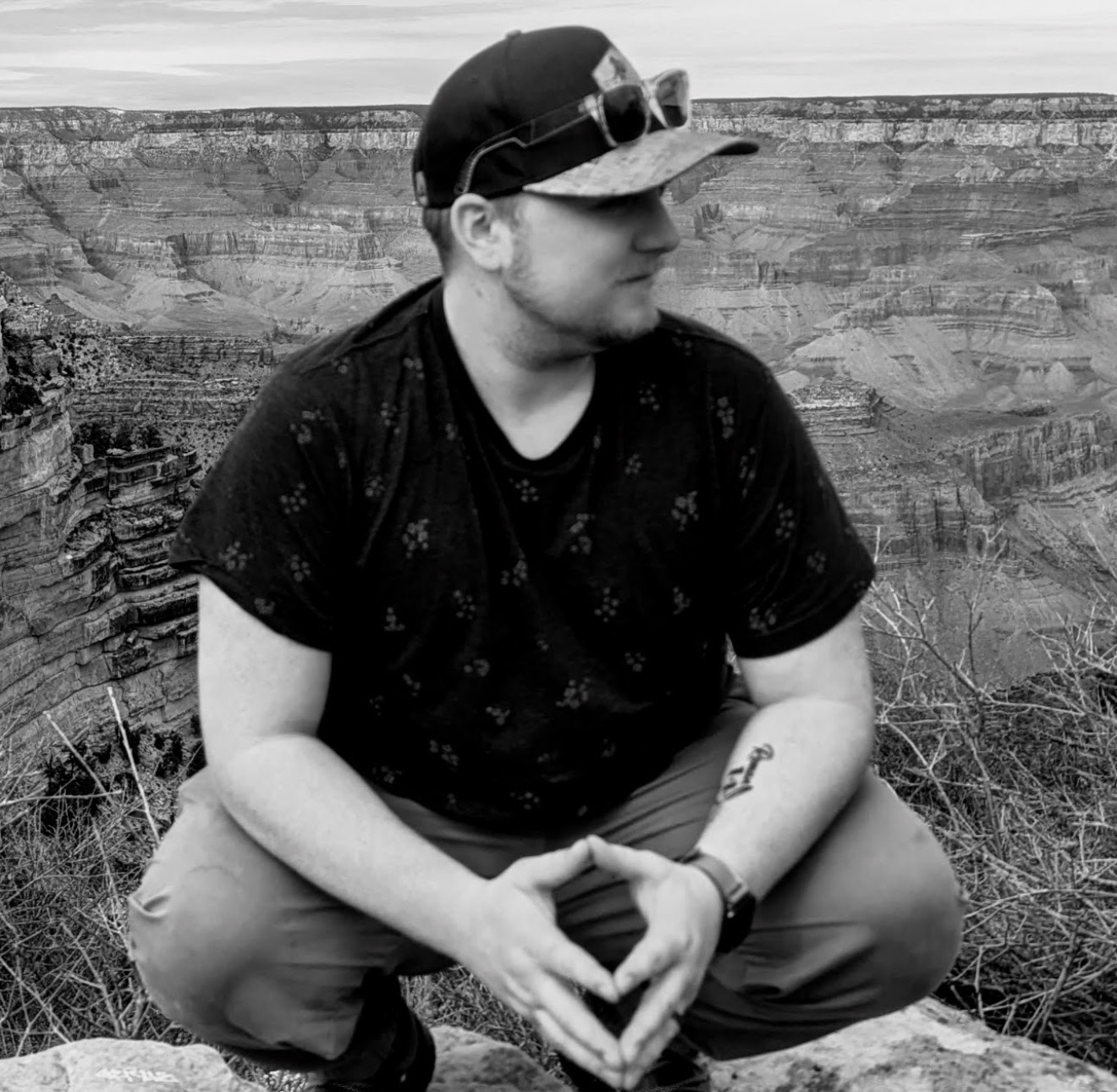 Joshua Dean in a black and white portrait